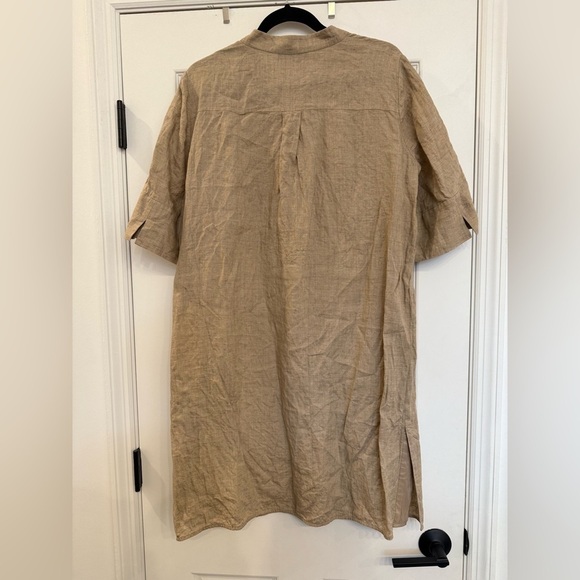 Lafayette 148 Shirt Dress Button Front 100% Linen Short Sleeve Tan Brown Large - Picture 2 of 6